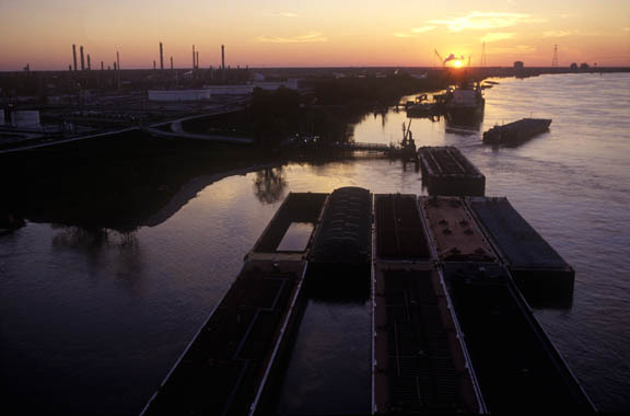 New Orleans, Louisiana:
Barge traffic on the Mississippi River.