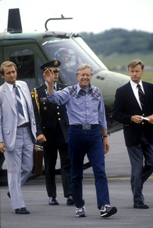 Plains, Georgia:
Pres. Jimmy Carter arrives in Plains with Press secretary Jody Powell and Zibignew Brzezinski.