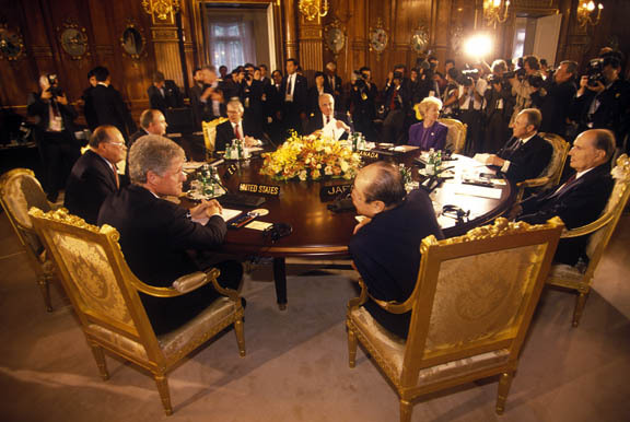 Paris, France:
Pres. Bill Clinton seated at the meeting of the G-8 Summit.