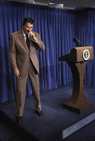 Washington DC:
Pres. Reagan anticipates one last question before leaving the White House briefing room.