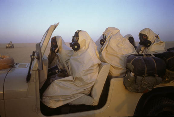 Saudi/Iraqi border:
Egyptian troops practice germ warfare manuvers in the buildup to war.
