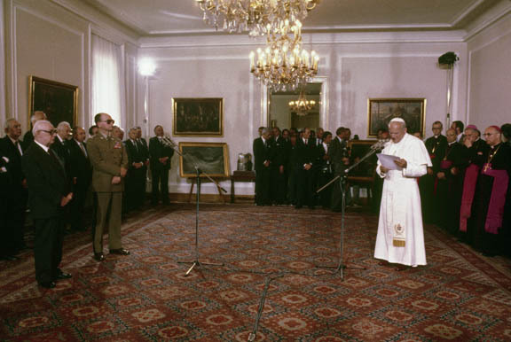 Warsaw, Poland:

Pope John Paul confronts Gen. Wojciech Jaruzelski upon his return to his native country after becoming pope.