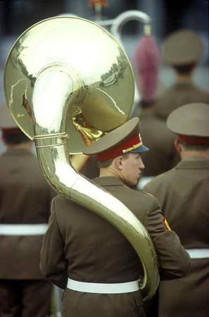 Moscow, USSR:

Tuba player in ceremonial marching band.