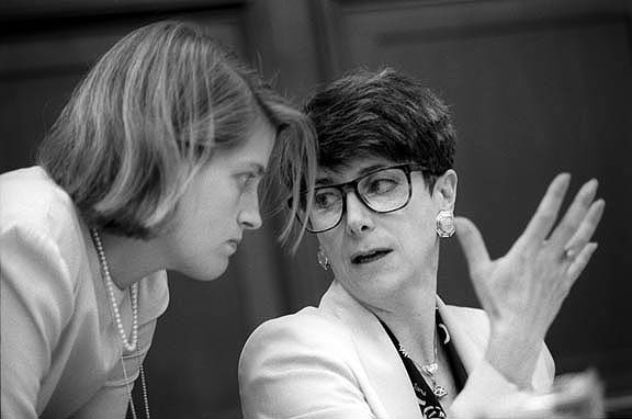 THE CRUCIAL BUDGET VOTE:
Congresswoman Marjorie Margolies Mezvinsky (D-Pa.)
elected in a traditionally republican conservative district
becomes the pivotal vote in the house to pass Bill Clinton's
budget, thus losing her house seat after failing to be
re-elected because of her vote.