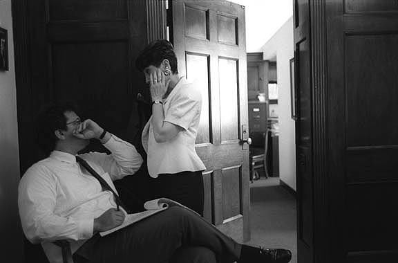 THE CRUCIAL BUDGET VOTE:
Congresswoman Mezvinsky is told by her
chief of staff that her vote will be the deciding
vote in the house to pass Bill Clinton's budget.